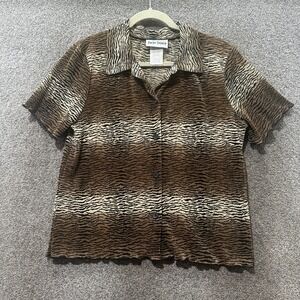 VTG 90s Focus Studio Button Up Blouse Top Size 10 Animal Print Micro Pleated